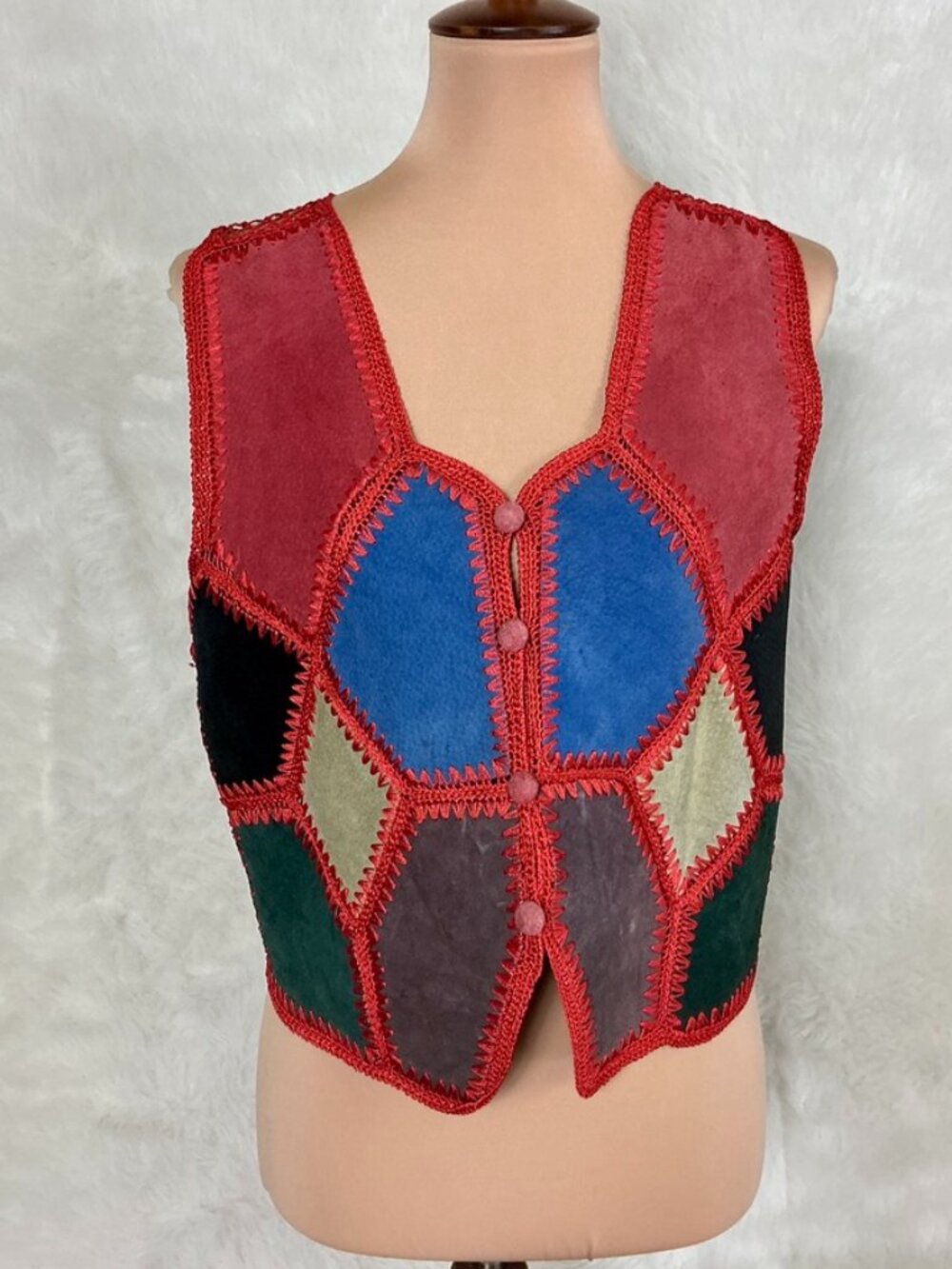 Vintage 70s 80s Patchwork Crochet Suede Leather Vest Hippie Retro L